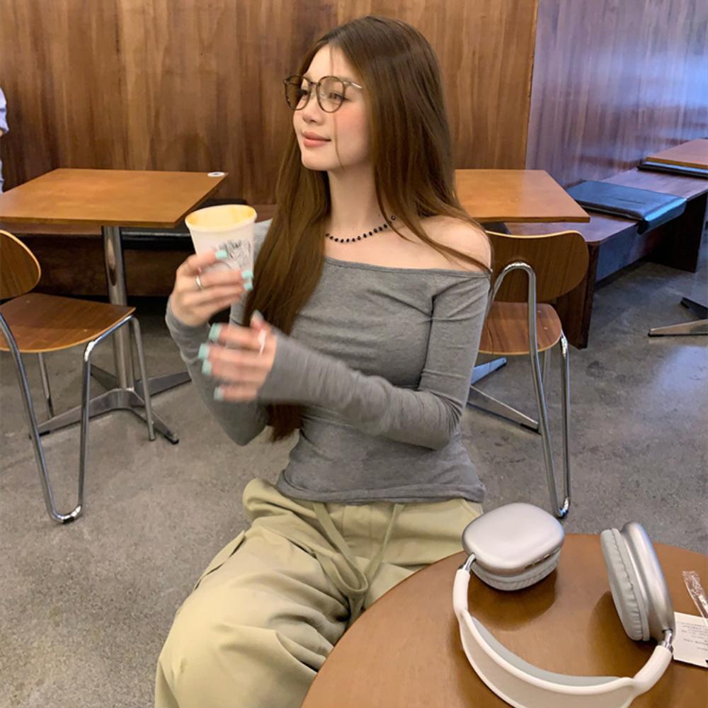 Irregular Collar Long Sleeve T-Shirt Women Basic Solid Off Shoulder TShirt