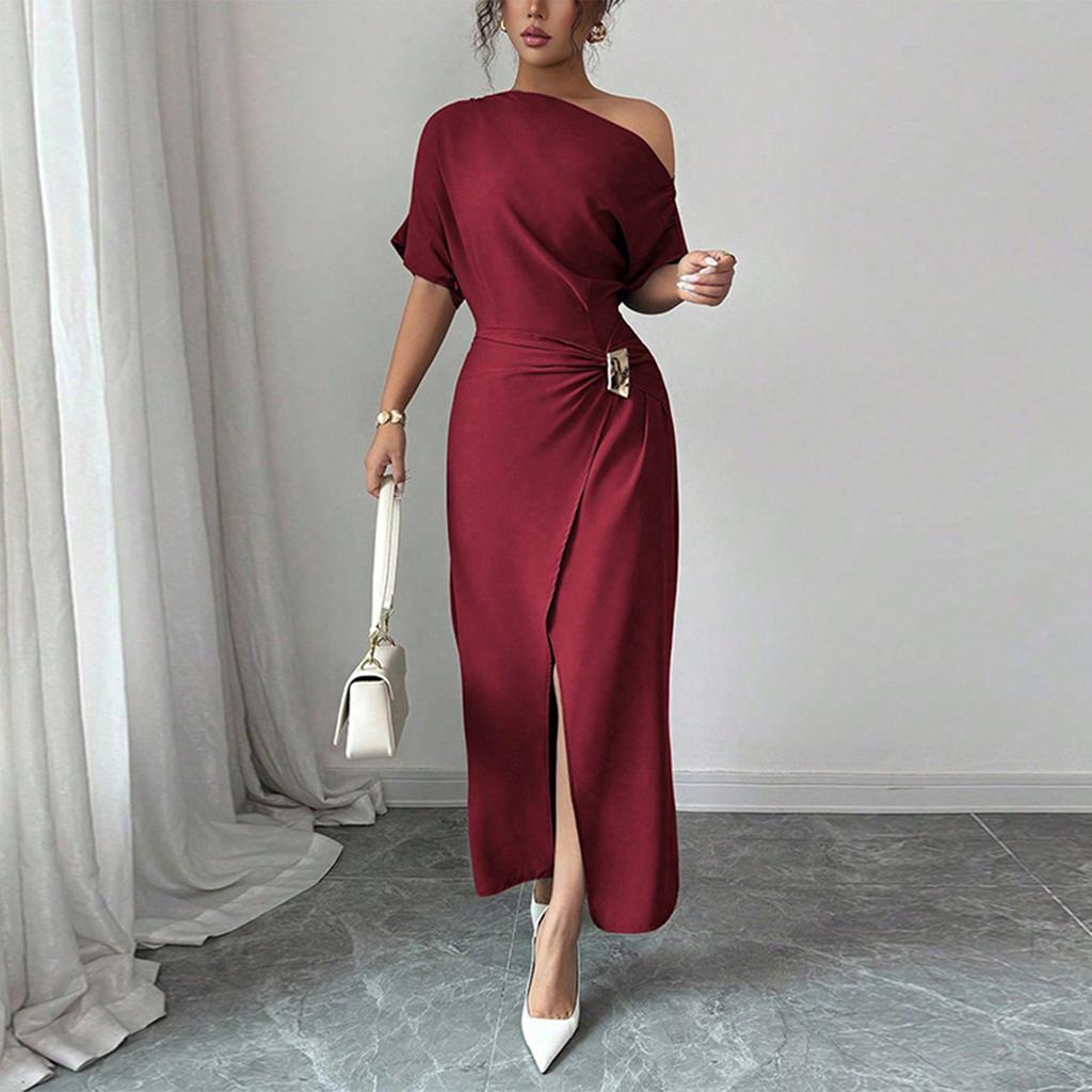 Women's Summer Fashion Color Off Shoulder Split Elegant Slimming Hip Hugging Dress
