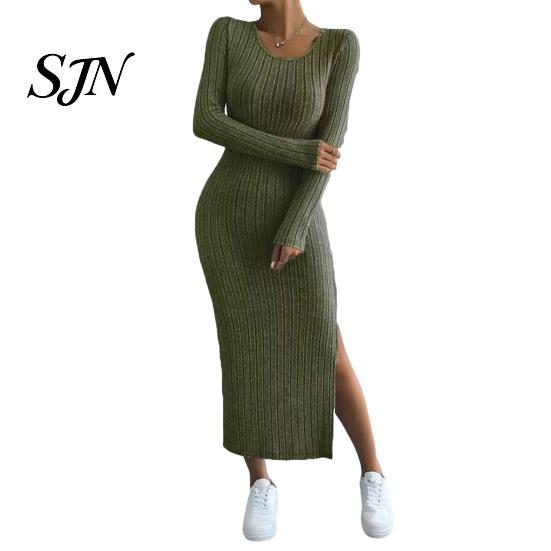 Comfortable Casual Dresses Women Round Neck Knitted Dress, Long Sleeve Pullover Sweater Winter Wear Solid Color Stretchy Split Bodycon Dress