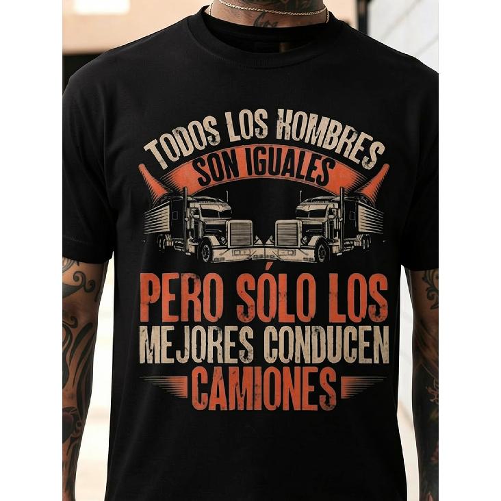 Men'S Black T-Shirt With Truck And Spanish Text Graphic For Casual Wear, PLUS SIZE