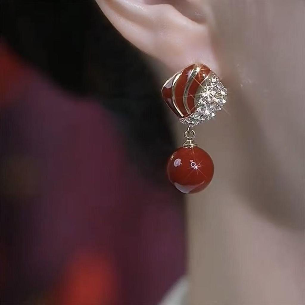 High-End Geometric Pearl & Rhinestone Red Glaze Earrings for Women