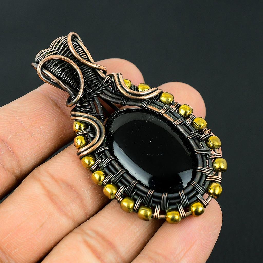 Handmade Wire Wrapped Black Onyx Pendant Necklace - Antique Copper Tree of Life Style Jewelry - Vintage Ethnic Gemstone Charm for Women