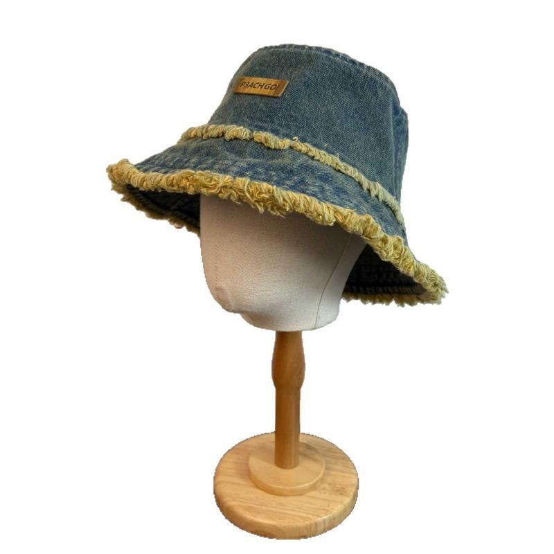 Japanese Retro Raw Edge Washed Denim Bucket Hat Spring And Summer Outdoor Travel Sun Protection Large Brim Foldable Sun Cap