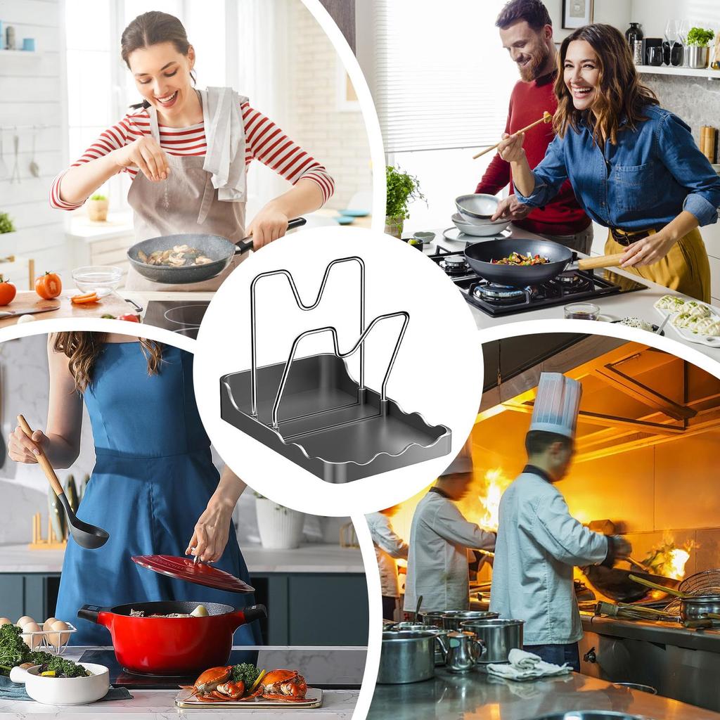 Pan Lid & Spoon Organizer Rack PP/Stainless Steel Vertical Drying Stand With Drip Tray Space Saving For Counter Dishwasher Safe
