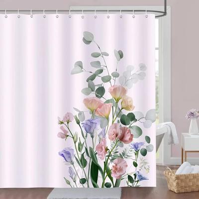 Purple Floral Shower Curtain Watercolor Flower Leaves Wildflower Polyester Fabric Washable Shower Curtains Bathroom Decoration