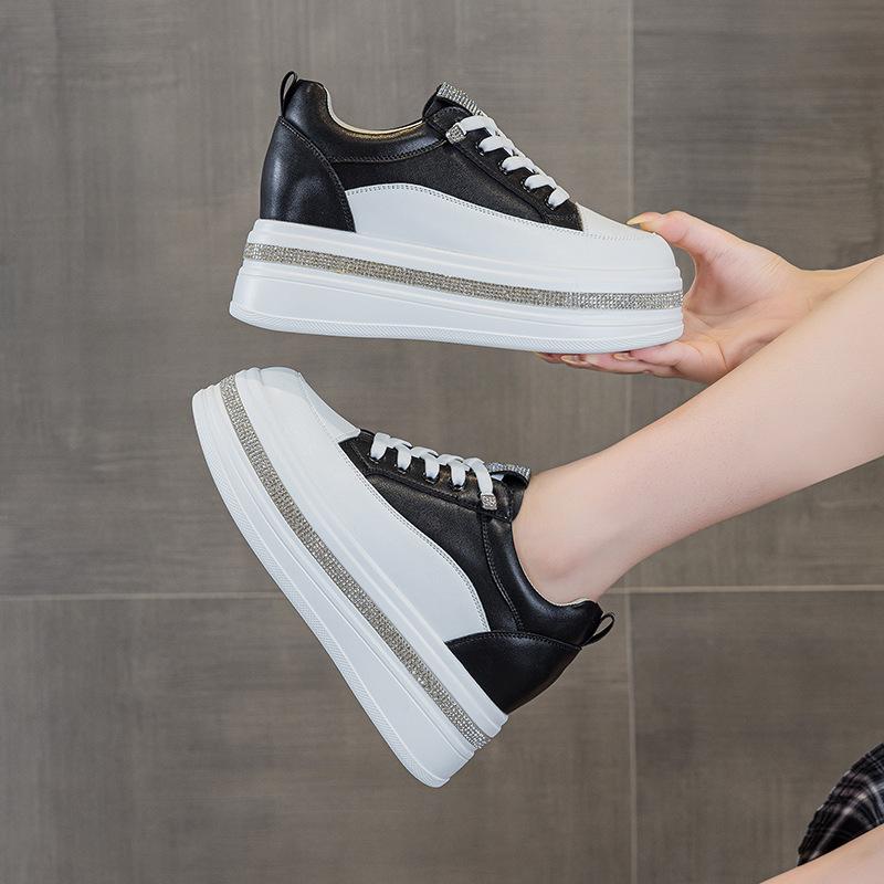 Women's White Platform Sneakers with Rhinestone Elastic Laces - Genuine Leather, Thick Sole, 7cm Height Boost, Lightweight & Versatile.