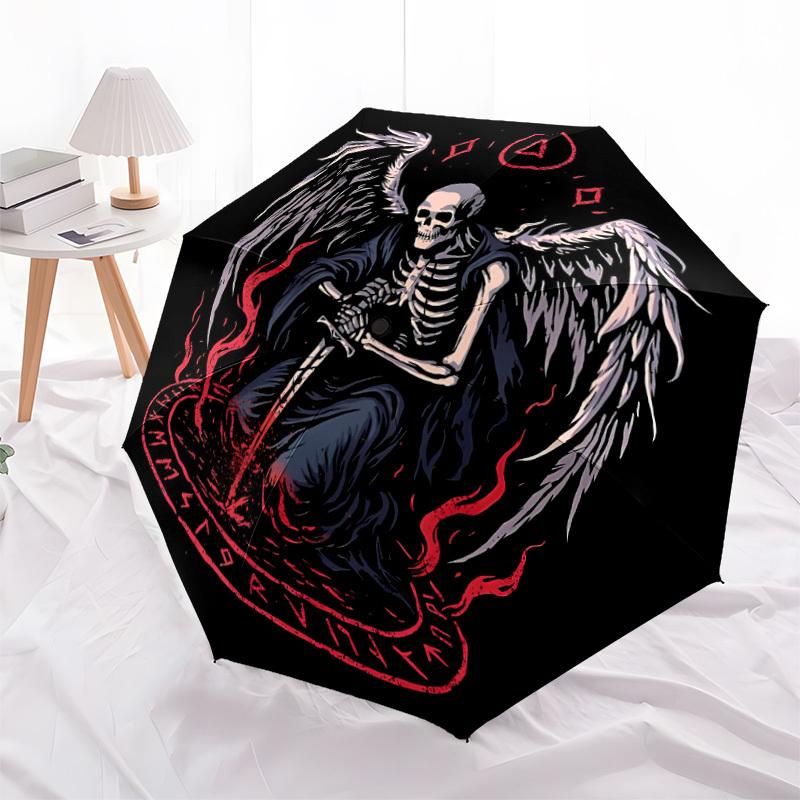 1pc Skelewing, Deathly Automatic Folding Umbrella - Windproof Compact Travel Umbrella with Auto Open/Close, 8-Rib Heavy-Duty Shaft for Women/Men A014