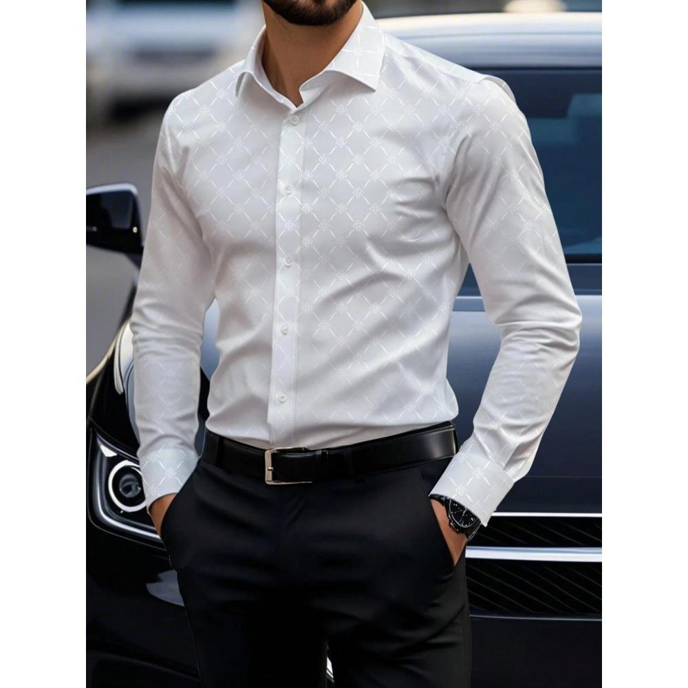 Light Luxury Dark Patterned Diamond Shaped Men's Shirt, Silky Slim Fit Shirt, European and American High-end Dark Printed Shirt