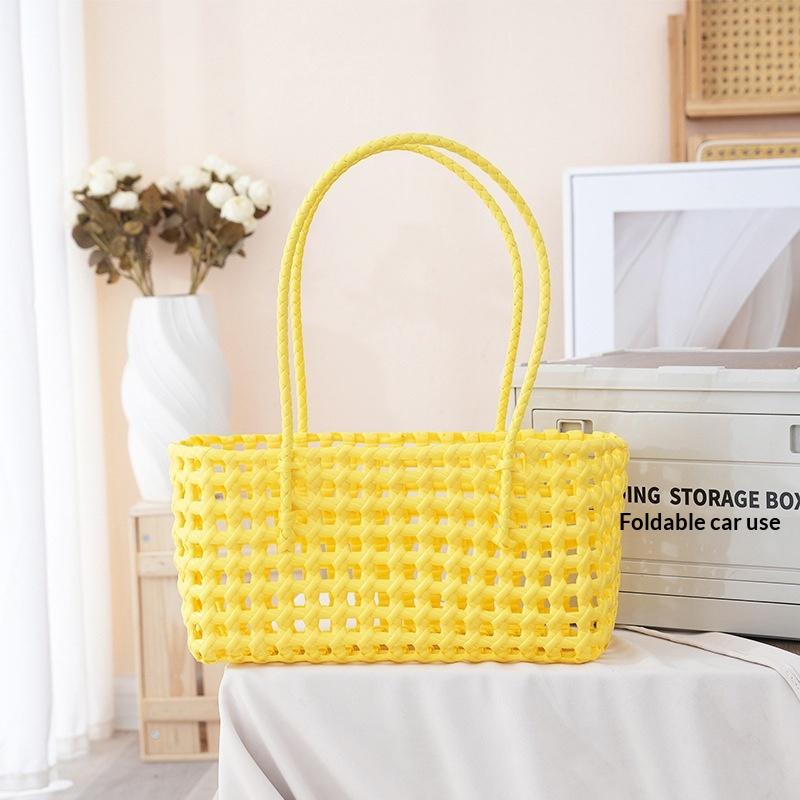 Handgefertigte Plastik-Hohlgeflecht-Tasche Landhausstil Große Kapazität Strand-Tragetasche Eimer-Tasche Damen-Handtasche Sommer-Strandtasche