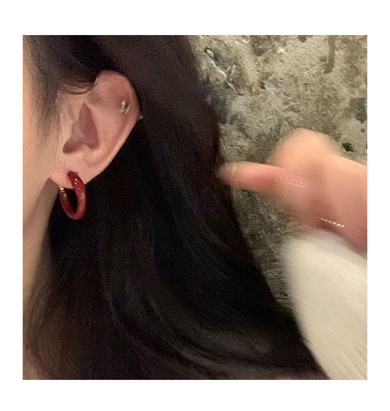 Angkor Red Small Hoop Earrings: Retro Design, 925 Silver Needle