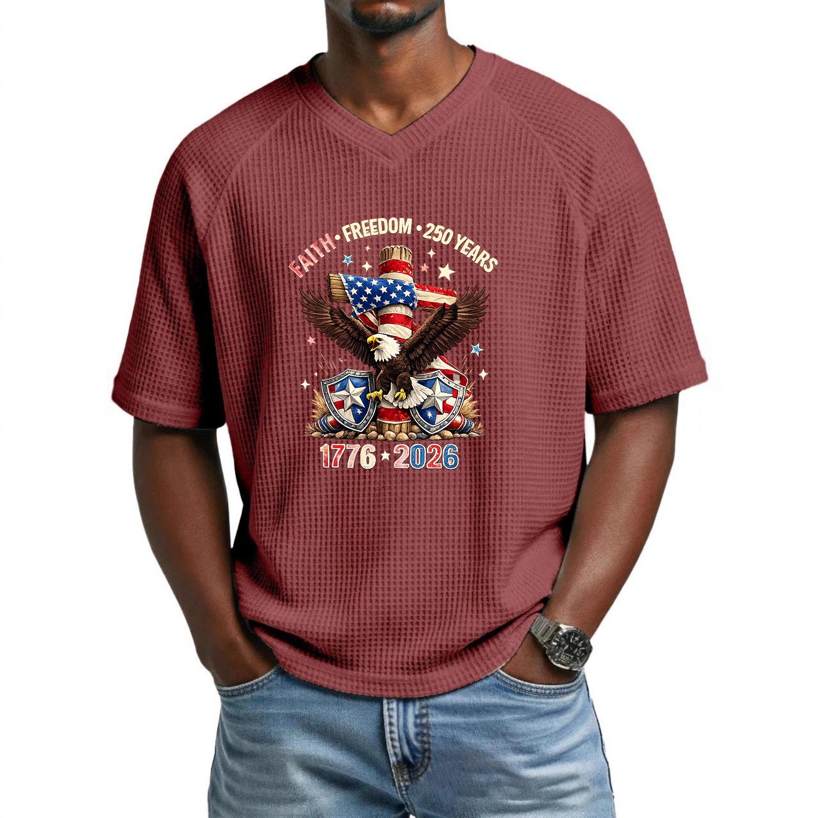 

Men s Loose Fit Casual Short Sleeve Top V Neck Graphic Print Eagle Shield Design Lightweight Comfortable Fabric M красный