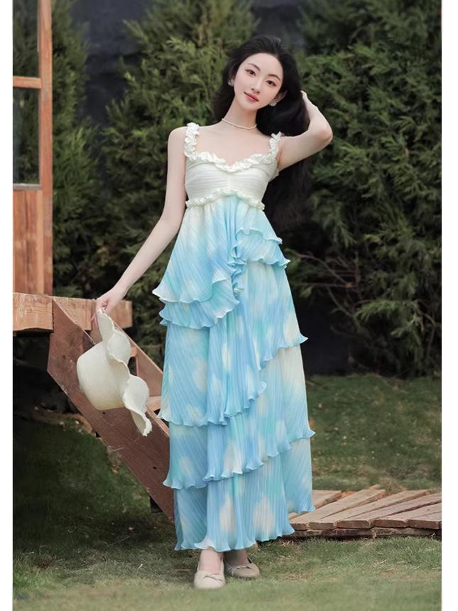 Women's Summer Ruffle Lace Patchwork Strappy Skirt Set