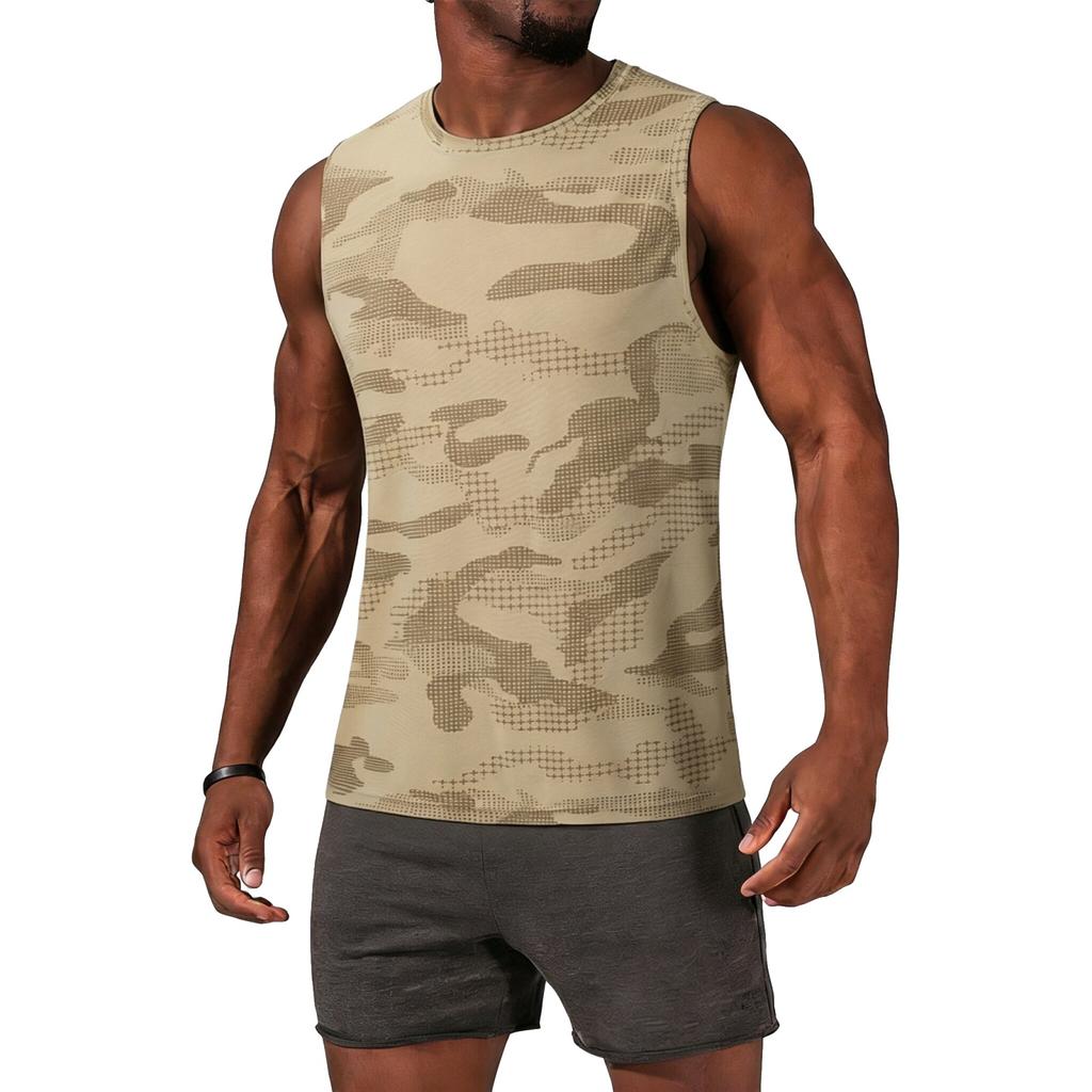 Men Sleeveless Athletic Tank Top Crew Neck Camo Print Lightweight Breathable Quick Dry Sports Shirt for Training Running Gym