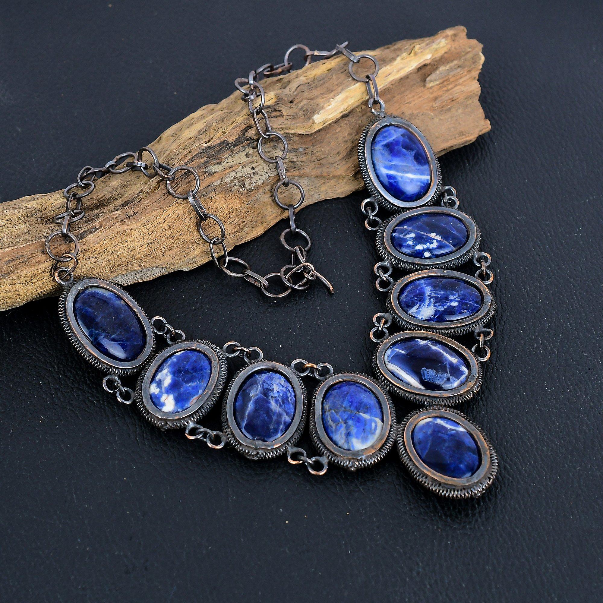 

Ожерелье из содалита, ювелирное изделие из драгоценного камня, обернутое медной проволокой 999 пробы, ожерелье ручной работы, восхитительное украшение, подарок для нее