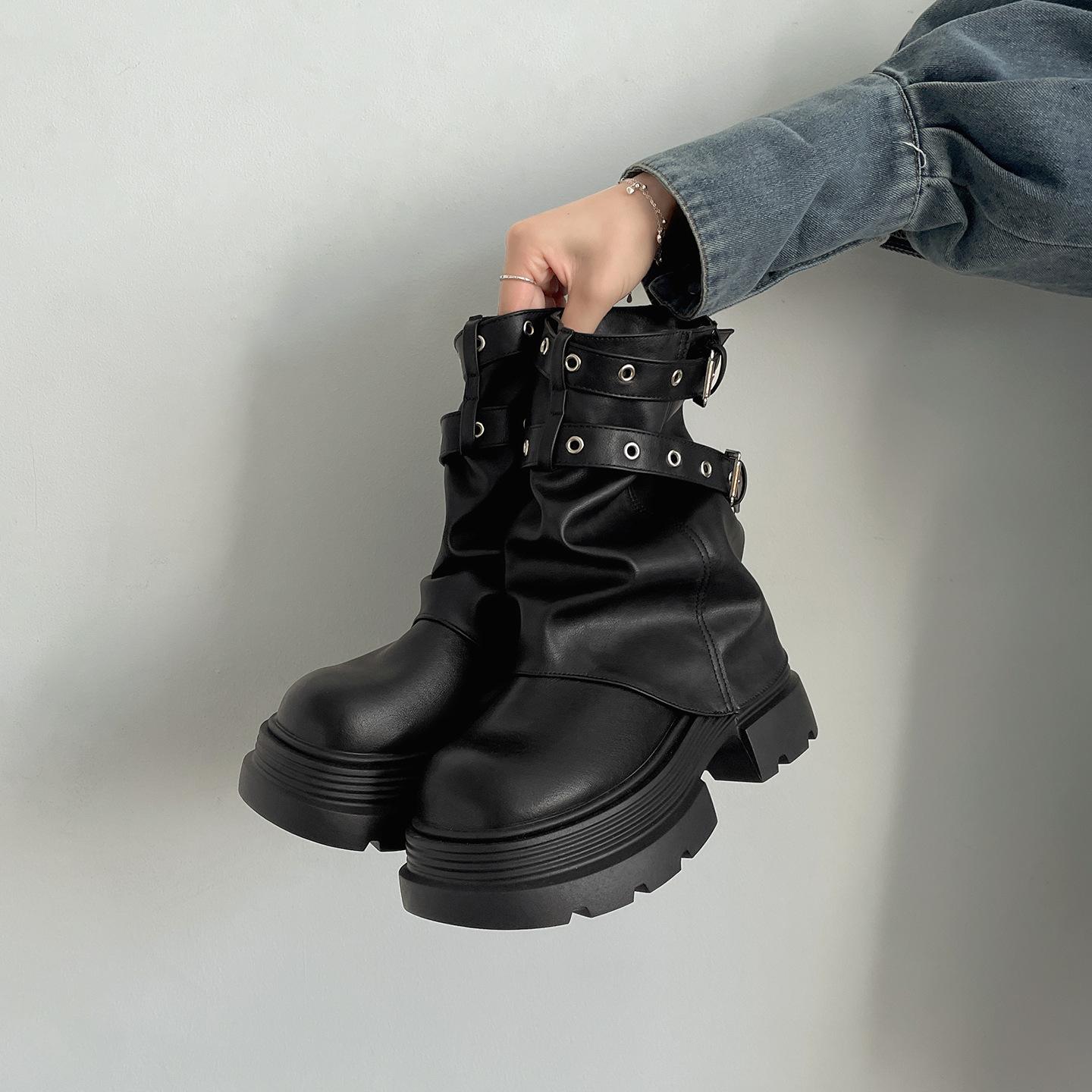 

Autumn 2026 Women Ankle Boots Fashion Belt Buckle Ladies Elegant Platform Casual British Retro Women s Short Boots Botas Mujer 35 чёрный