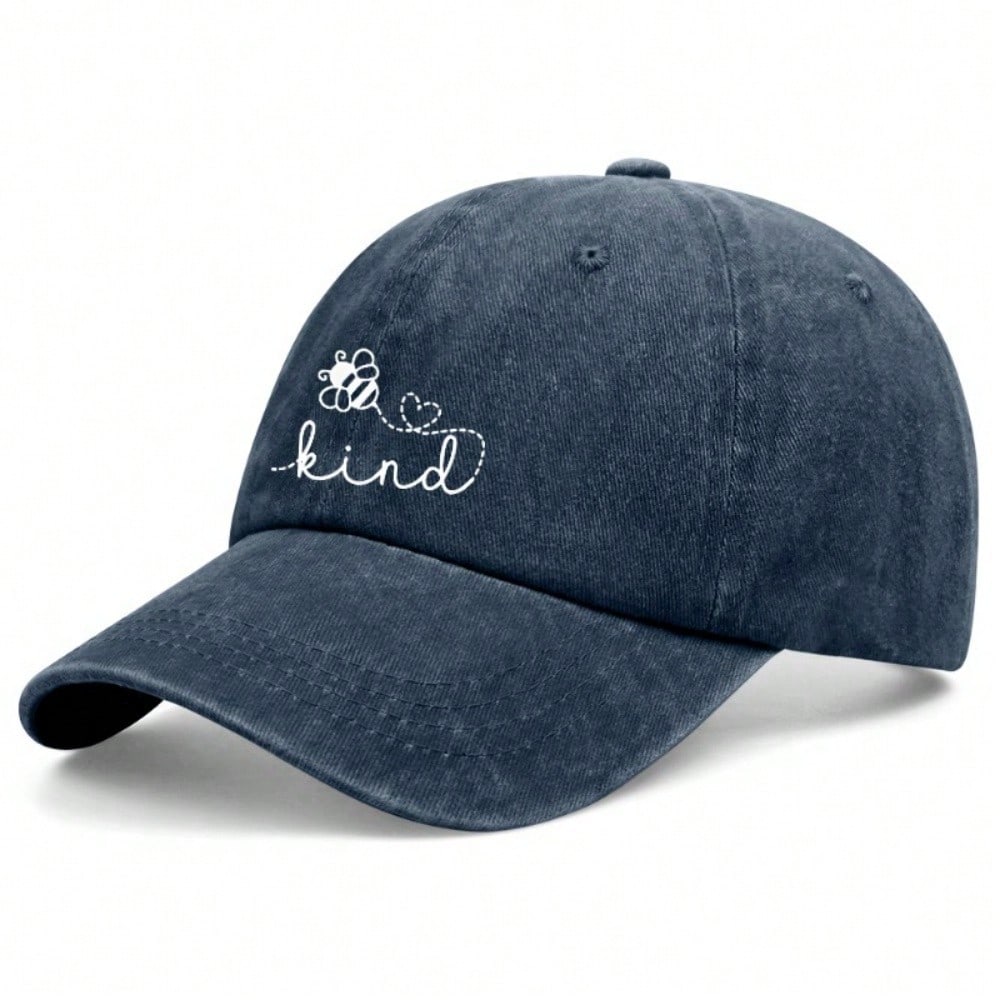 [Cute Bee Baseball Cap] Inspirational "Kind" Letter Print Polyester Adjustable Breathable Casual Outdoor Sports Dad Hat For Women Men