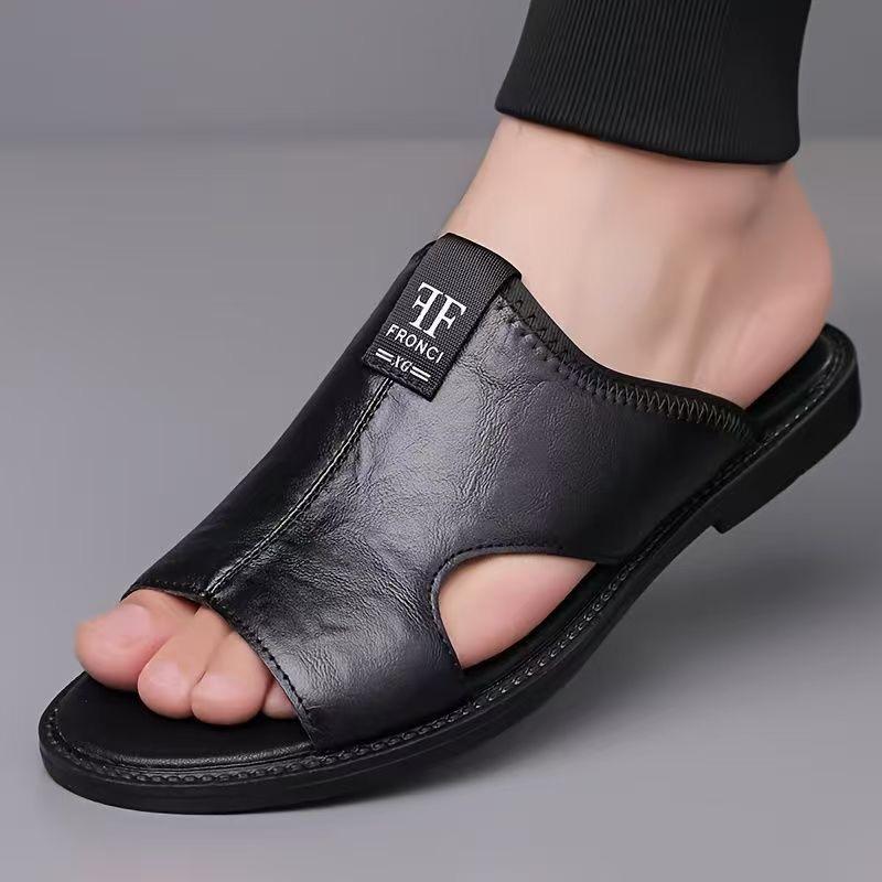 Men Black Leather Slippers Simple Flats Summer Brown Outdoor Roman Sandals Outdoor Wide Beach Shoes for Father Over Sized