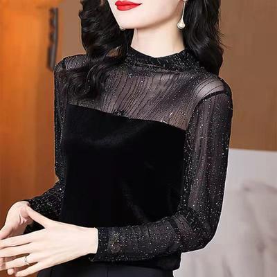 Women Shirt Shiny Stripe See-through Lace Patchwork Long Sleeve Stand Collar Solid Color Soft Pullover Commute Lady Blouse Top