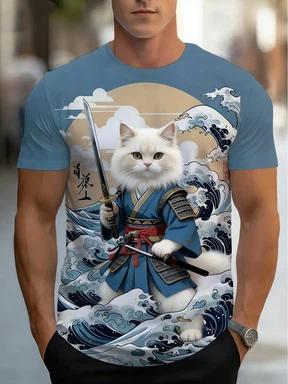 Japanese Samurai Cat T-Shirt, Ukiyo-e Wave Print, Casual Streetwear Tee S