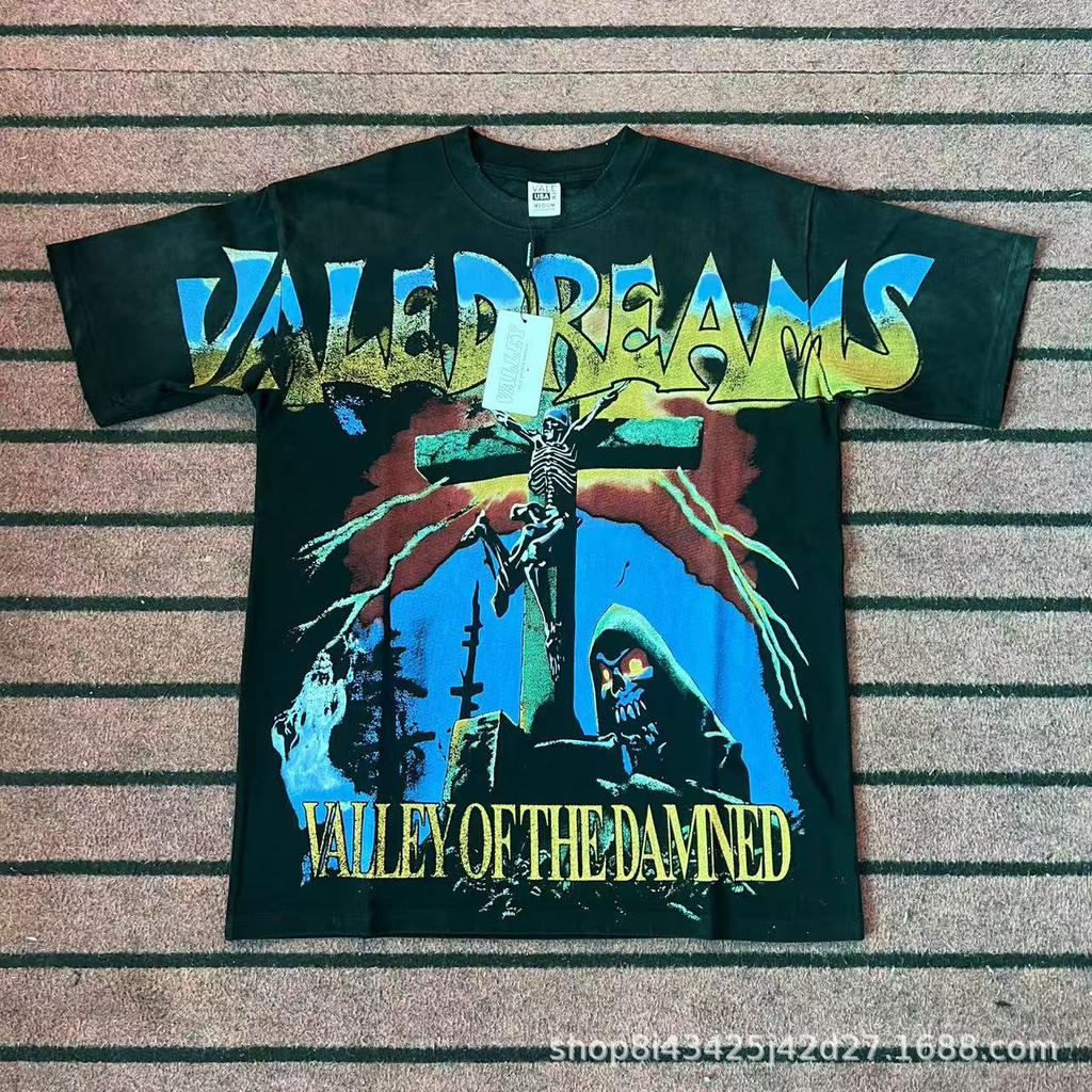 2025 Amerikanische trendige Marke Vall gewaschen alt bedrucktes kurzärmeliges Hip-Hop lockeres Streetwear-T-Shirt für Männer und Frauen