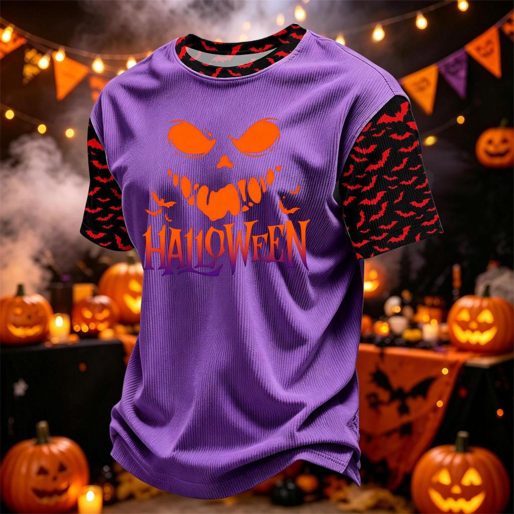 Men's Casual Corduroy Round Neck Lightweight Breathable Short Sleeve Top Halloween Print Lettering Design