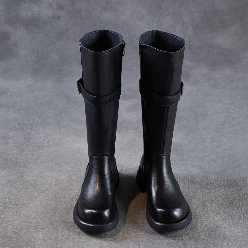 Johnature Skórzane Retro Damskie Kozaki Rycerskie na Grubej Podeszwie Okrągły Nosek Klamra Paska Wysokie Kozaki