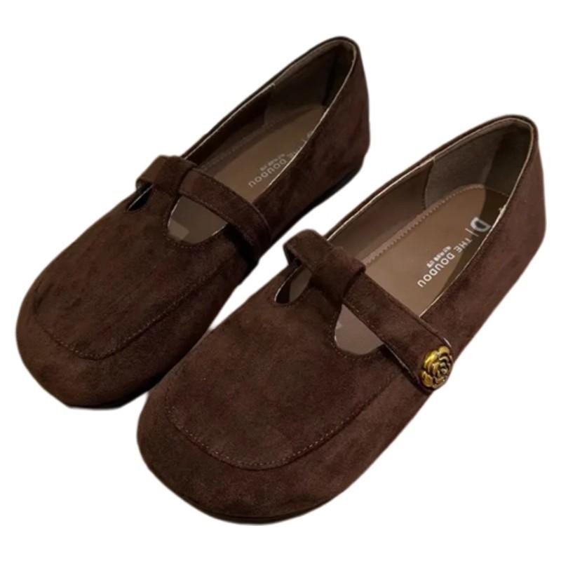 Korean Version of Retro Round Head Flat Bottom Loafers Women's 2025 Autumn and Winter New Suede Versatile and Thin Mary Jane Single Shoes Women