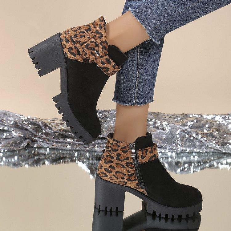 Modische Vielseitige Dicke Hohe Absätze Leopardenmuster Kurze Stiefel Damen Herbst Winter Neu Lässig Bequeme Damen Kurze Stiefel