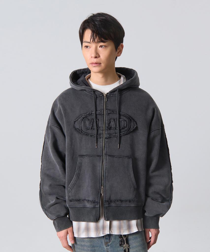Dimitri Black Vlad Cutoff Applique Zip-Up Hoodie_Charcoal