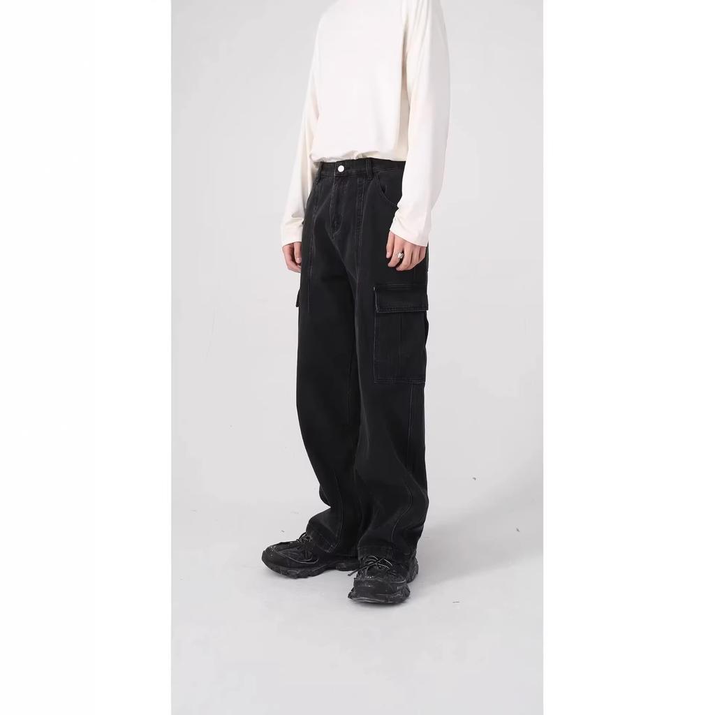 American street splicing big pocket retro vintage loose casual tooling denim wide-leg pants washed and versatile