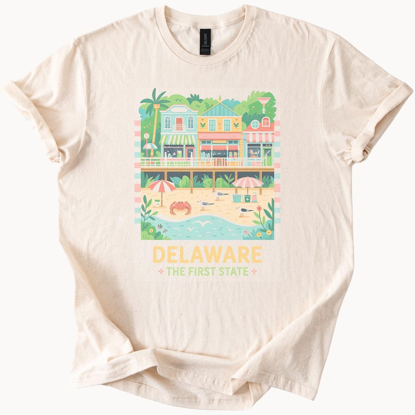 Delaware Beach Town Graphic T Shirt Delaware The First State Crab Ocean Boardwalk Pastel Summer Scene Coastal Tee 110