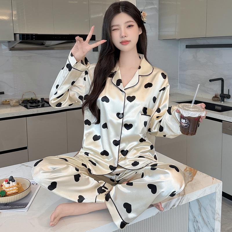 French Style Pajama Set Women Silky-Touch Polyester Long Sleeve Pants Set Youthful Polka Dot Lightweight Lounge Wear Seasonal Comfort Sleepwear