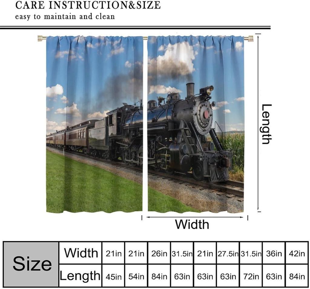 Light Blocking Steam Engine Curtains Old Train Through Country Field Scenery Print Window Treatments Curtain Vintage Polyester With Rod Pocket