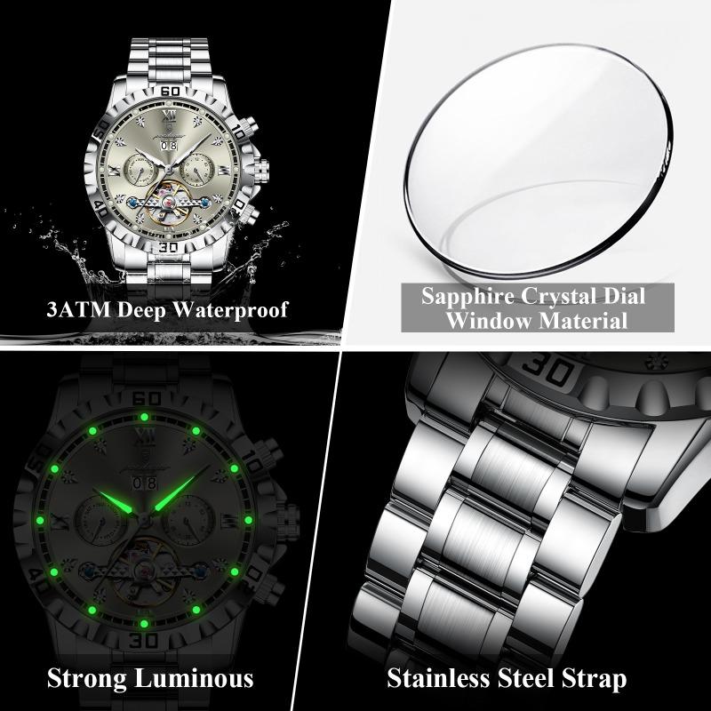 POEDAGAR Top Luxury Men Watch Automatic Date Week Man Wristwatch Hollow Tourbillon Mechanical Stainless Steel Watches