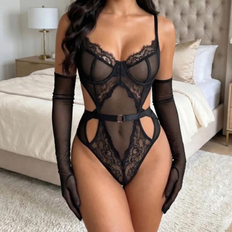 Lace Sheer Bodysuit With Long Mesh Gloves Set Women Elegant Seductive Lingerie Outfit