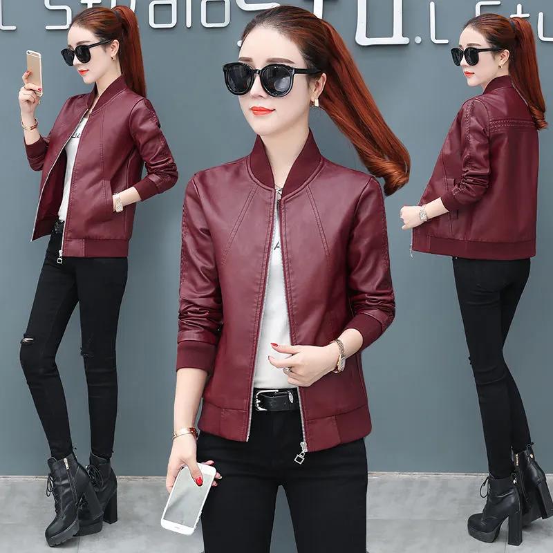 Women's Spring/Fall Loose-Fit Stand Collar Short Jacket Baseball-Style PU Leather Jacket