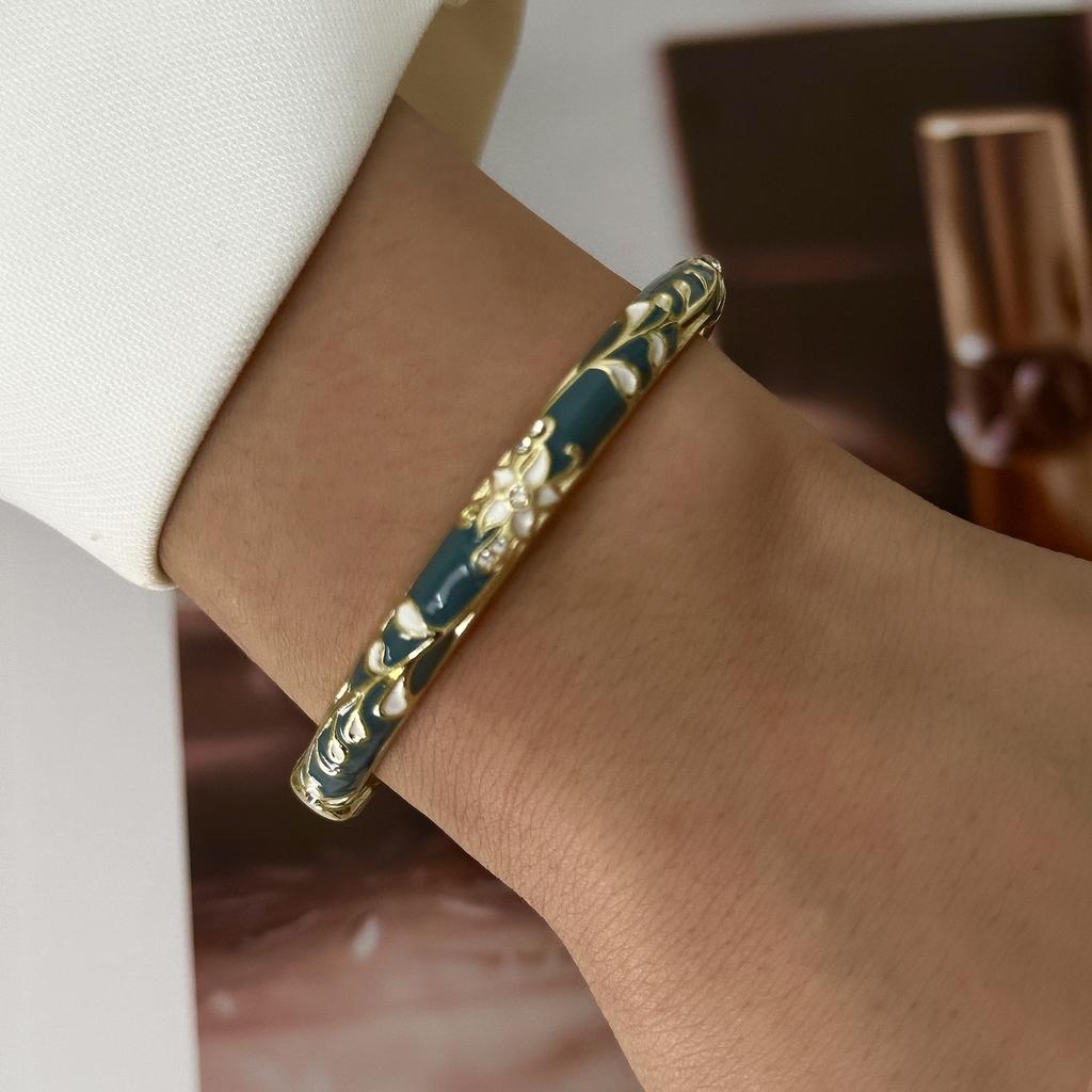 Vintage Chinese Cloisonne Enamel Bangle For Women Gold Plated Inlaid Rhinestone Colorful Floral Drip Oil Bracelet Wrist Jewelry