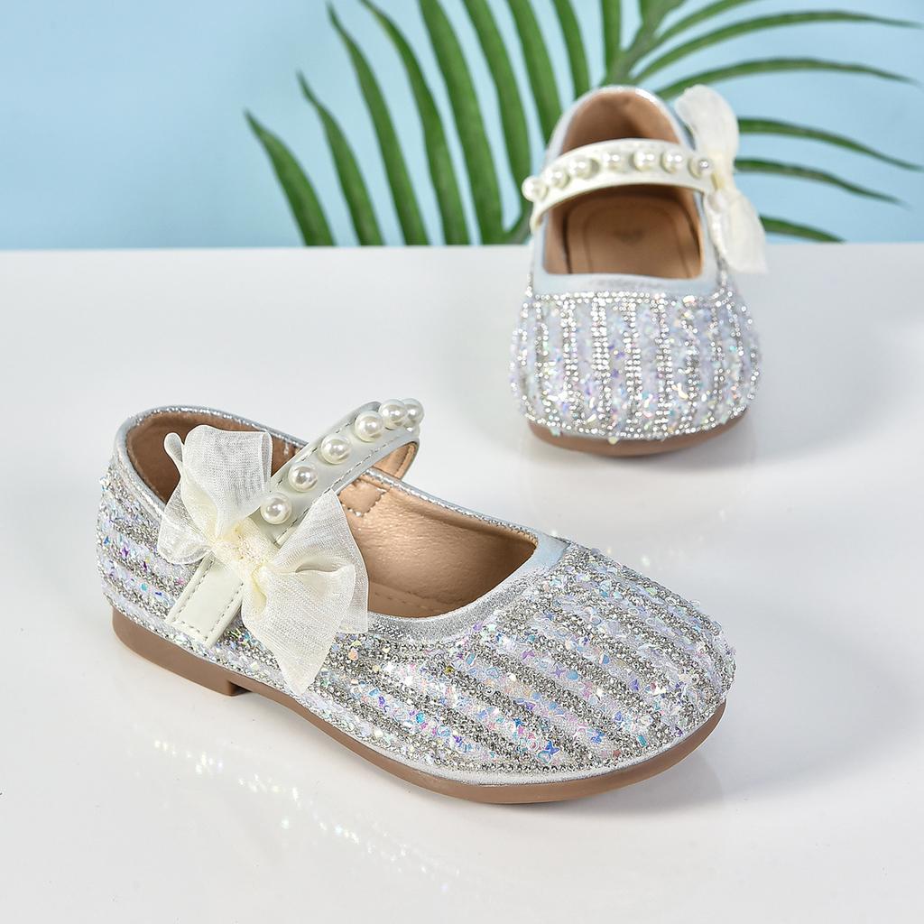 Girls' Princess Shoes Spring and Autumn New Children's Bowknot Flat Leather Shoes Baby Soft Sole Shiny Crystal Shoes