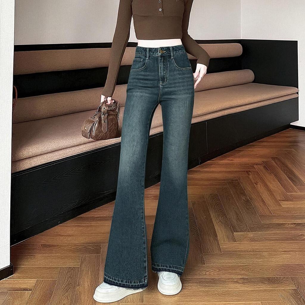 TonLion Autumn Winter Women's Slim Fit Frayed Hem Flared Denim Jeans