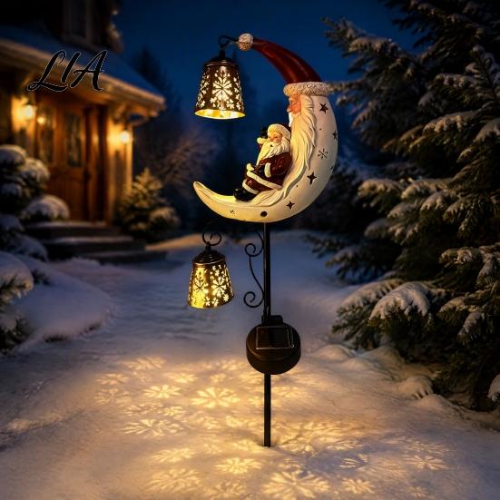 Seasonal Porch Lamp Santa Moon Garden Stake Light, Solar Powered Claus Path Light with Stake, Holiday Decorative for Outdoor Yard Lawn Patio