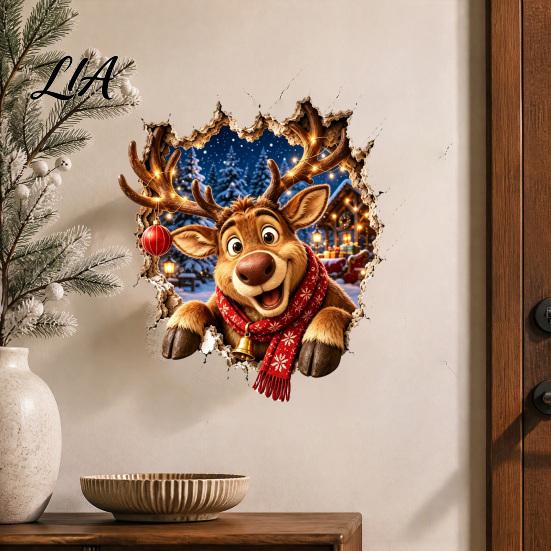 Festive Home Decoration Christmas Break-In 3D Wall Decal, Santa Claus/Deer/Snowman/Elf/Dog/Nutcracker/Gingerbread Man Patterns Window Glass