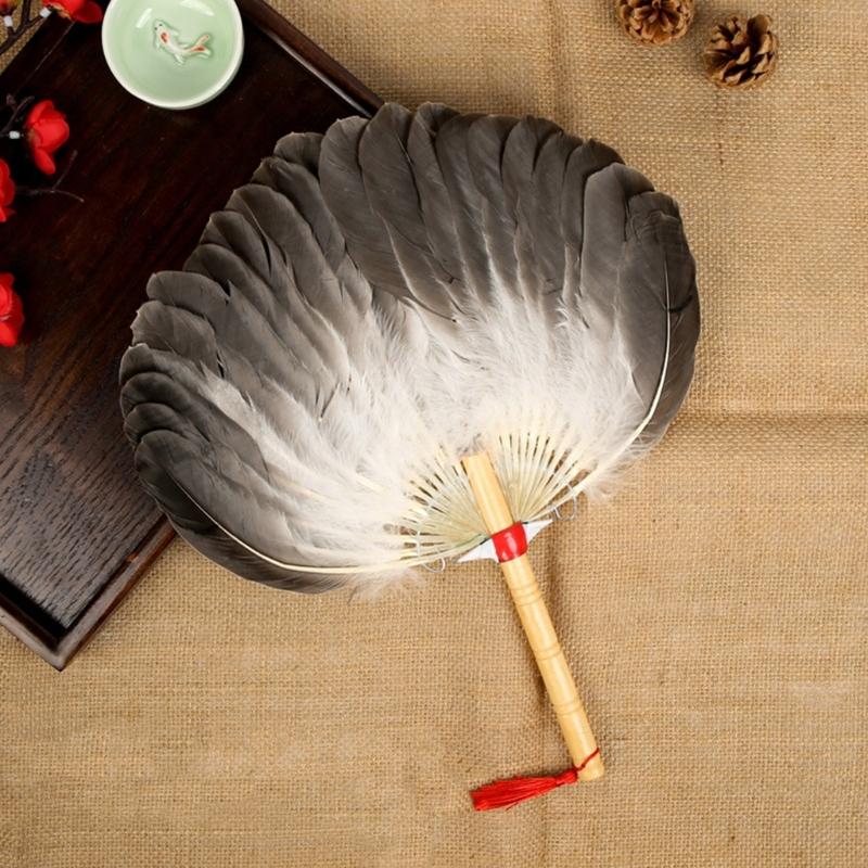 Vintage Chinese Fan Gooses Feather Wedding Party Fan Dance Feather Hand Fan Photograph Props Wood Craft Decorations Fan