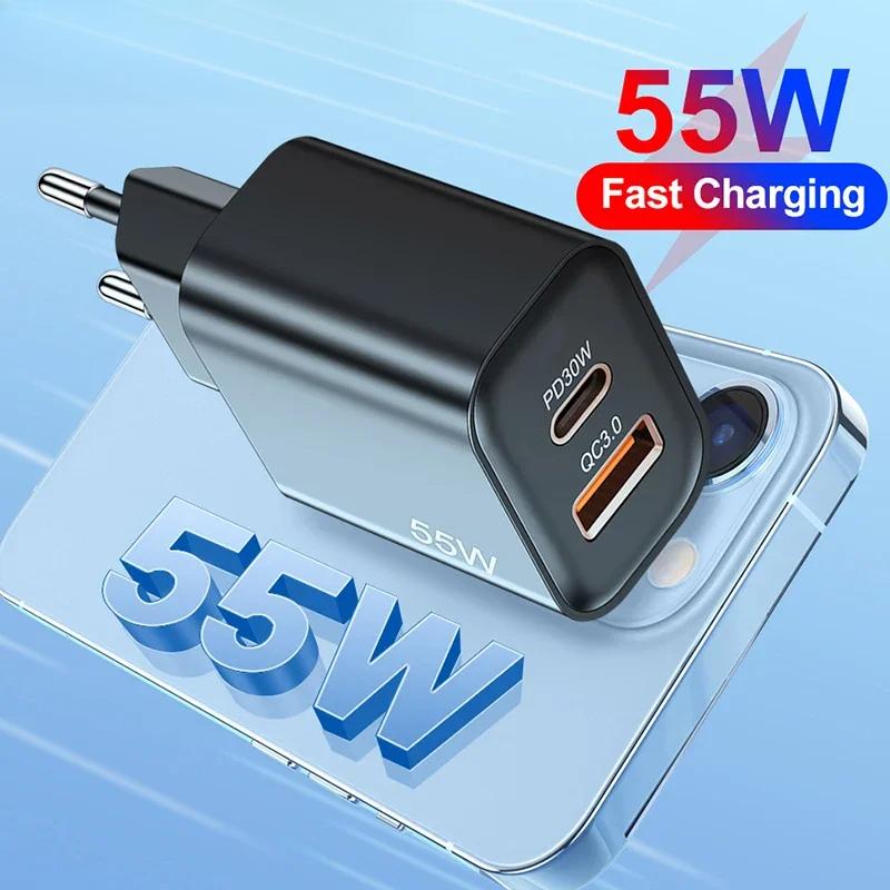 55W USB Type C Charger Quick Charge 3.0 Phone Charge Adapters for IPhone 16 15 Pro Max Xiaomi Samsung Type C Fast Wall Charger