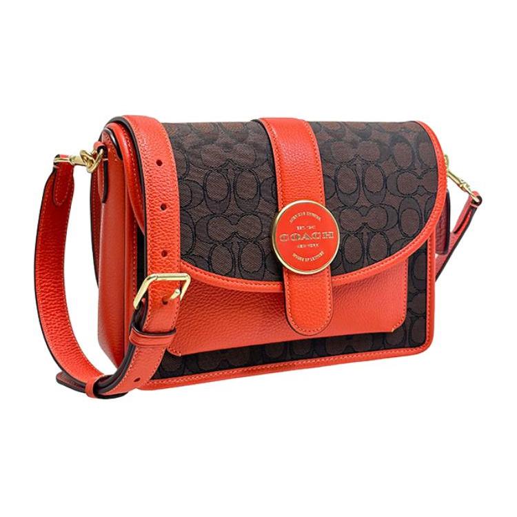 New COACH Lonnie Fabric With Cow Leather Small Square Bag Shoulder Bag, Crossbody Bag Medium Women's Brown & Orange Red C8307-IMUQ2