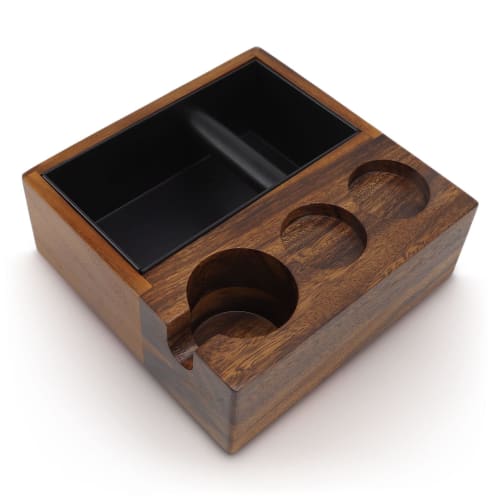 Gugxiom 4-in-1 Knock Box Tamper/Tamping Station, 58mm Espresso Tamper with Vintage Wood Snap-In Design, Espresso Machine Tamper Stand, 1.5L Powder Box