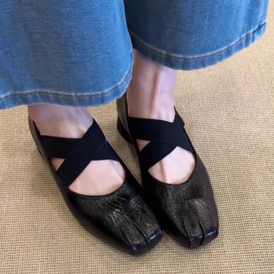 Sheepskin version~ Square head retro handmade ballet single shoes women's cross strap thick heel ballet shoes Mary Jane single shoes
