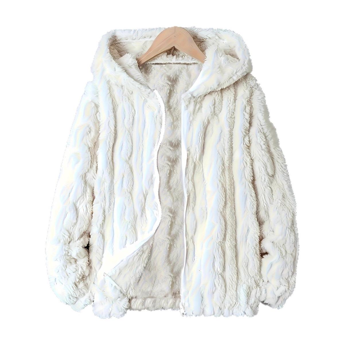 

New Women s Casual Loose Long Sleeve Warm Fleece Hooded Jacket Coat, Autumn Winter Outerwear for European American S белый