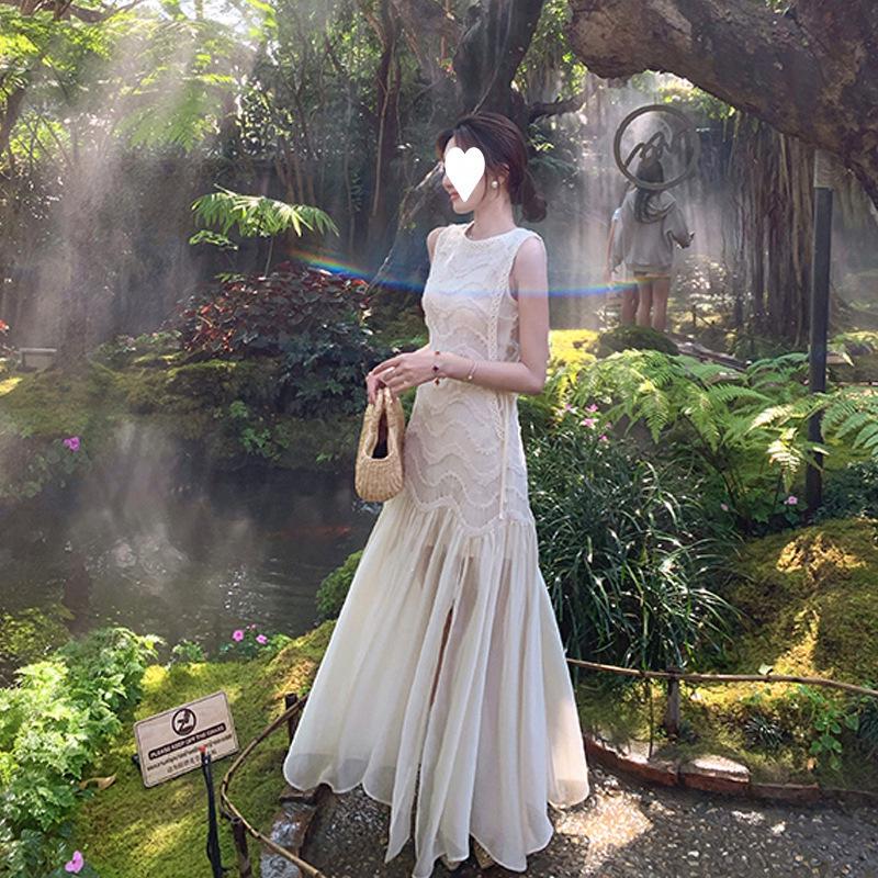 

White Sleeveless Waist-Hugging Maxi Dress - Summer 2025 French Luxury Women s Fashion Large