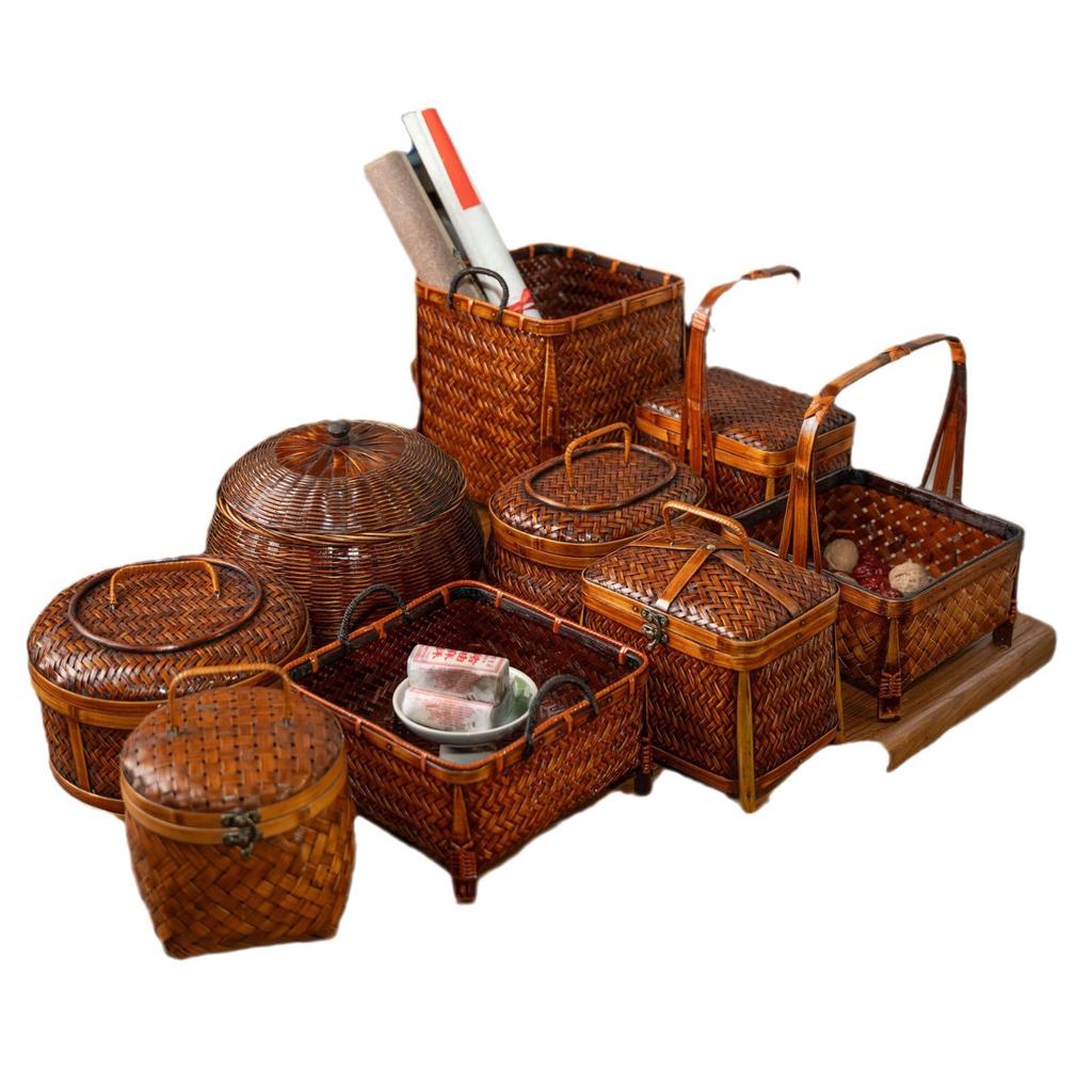 Tung Oil Lacquer Old Storage Retro Bamboo Woven Tea Set Storage Basket Bamboo Woven Basket Tea Set Box Bamboo Products