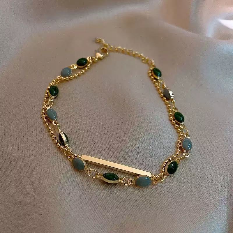 Luxury Love Gold Hotan Jade Lady Bracelet, Leaf Love Double Layer Girl Bracelet Jewelry Gifts